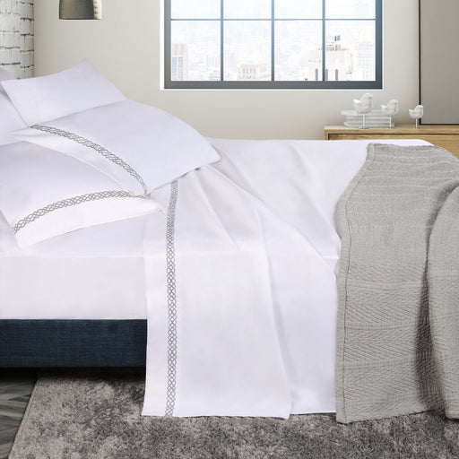 Egyptian Cotton 1000 Thread Count Embroidered Bed Sheet Set - White/Charcoal