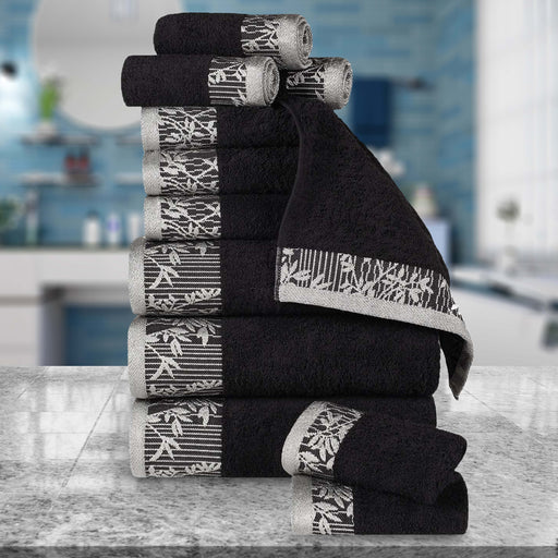 Wisteria Cotton 12 Piece Assorted Towel Set with Floral Bohemian Embroidered Jacquard Border - Black