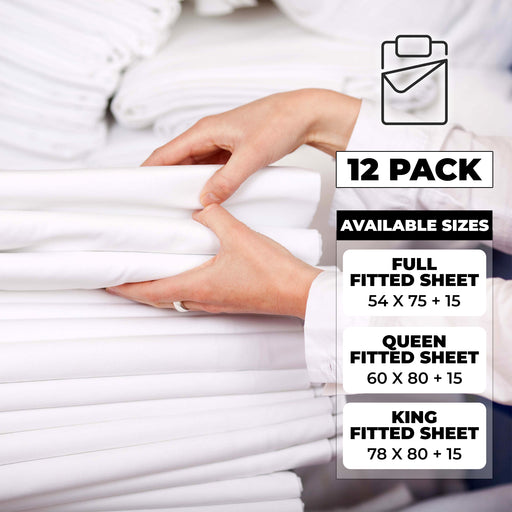 Cotton Rich White Percale Hotel Quality Fitted Bed Sheets, Set of 3, 6, 12 - White