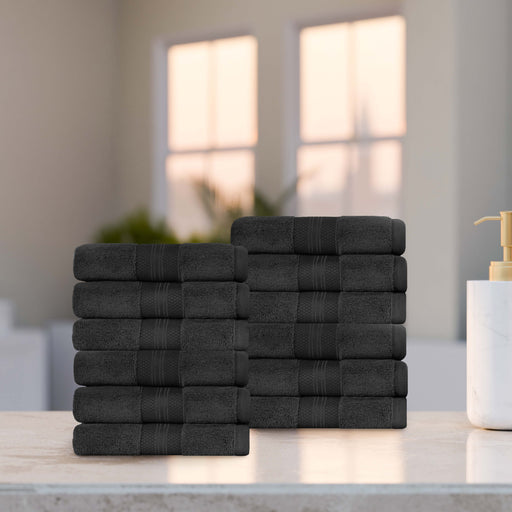 Turkish Cotton Absorbent Ultra-Plush Solid 12-Piece Face Towel Set - Black