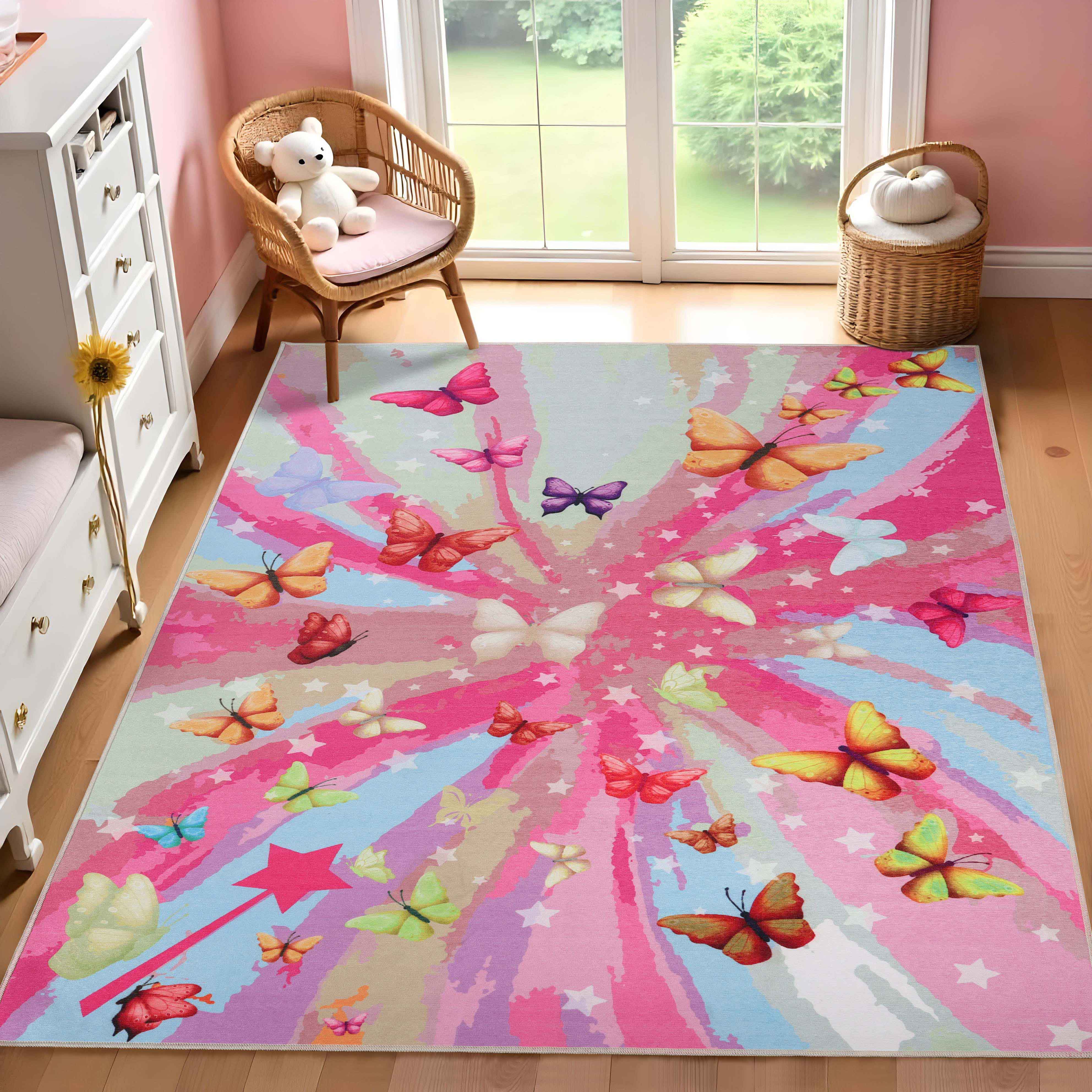 Butterfly Non-Slip Kids Nursery Playroom Washable Indoor Area Rug