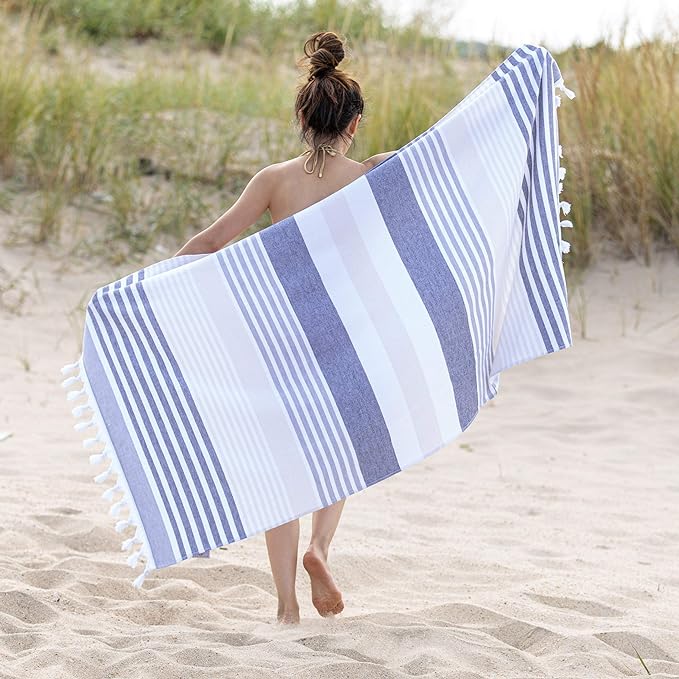 Meera Stripe Fouta 2 Piece Beach Towel Set with Tassels - Blue Nile Mills