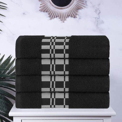 Cotton Geometric Embroidered Jacquard Border 4 Piece Bath Towel Set - Black