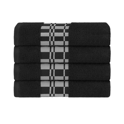 Cotton Geometric Embroidered Jacquard Border 4 Piece Bath Towel Set - Black