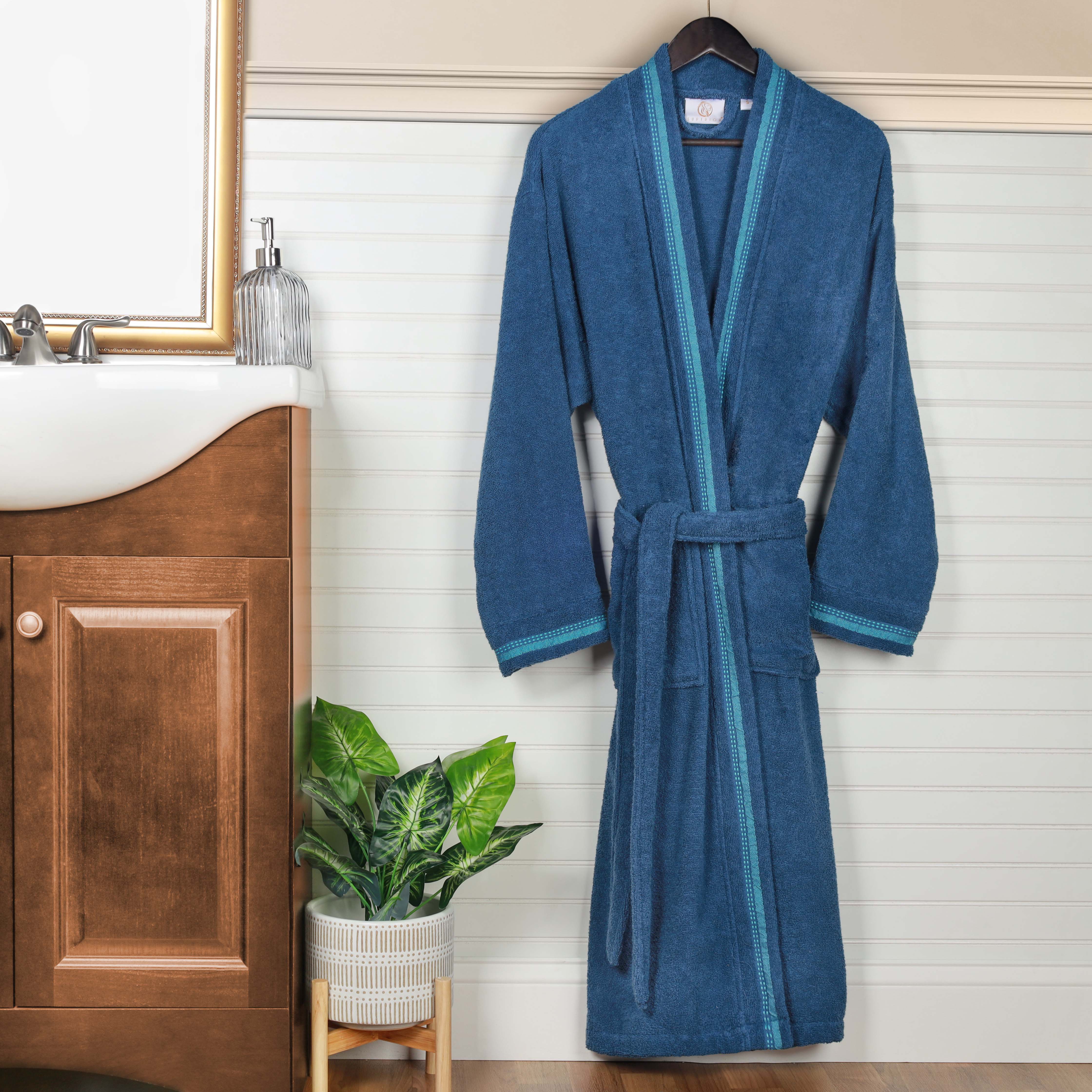 Tinsel Unisex Cotton Terry Kimono Bathrobe with Embroidery - Blue Nile Mills