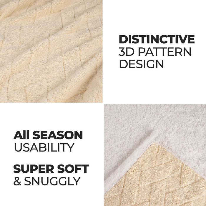 Reversible Jacquard Lattice Fleece Plush Sherpa Blanket - Cream