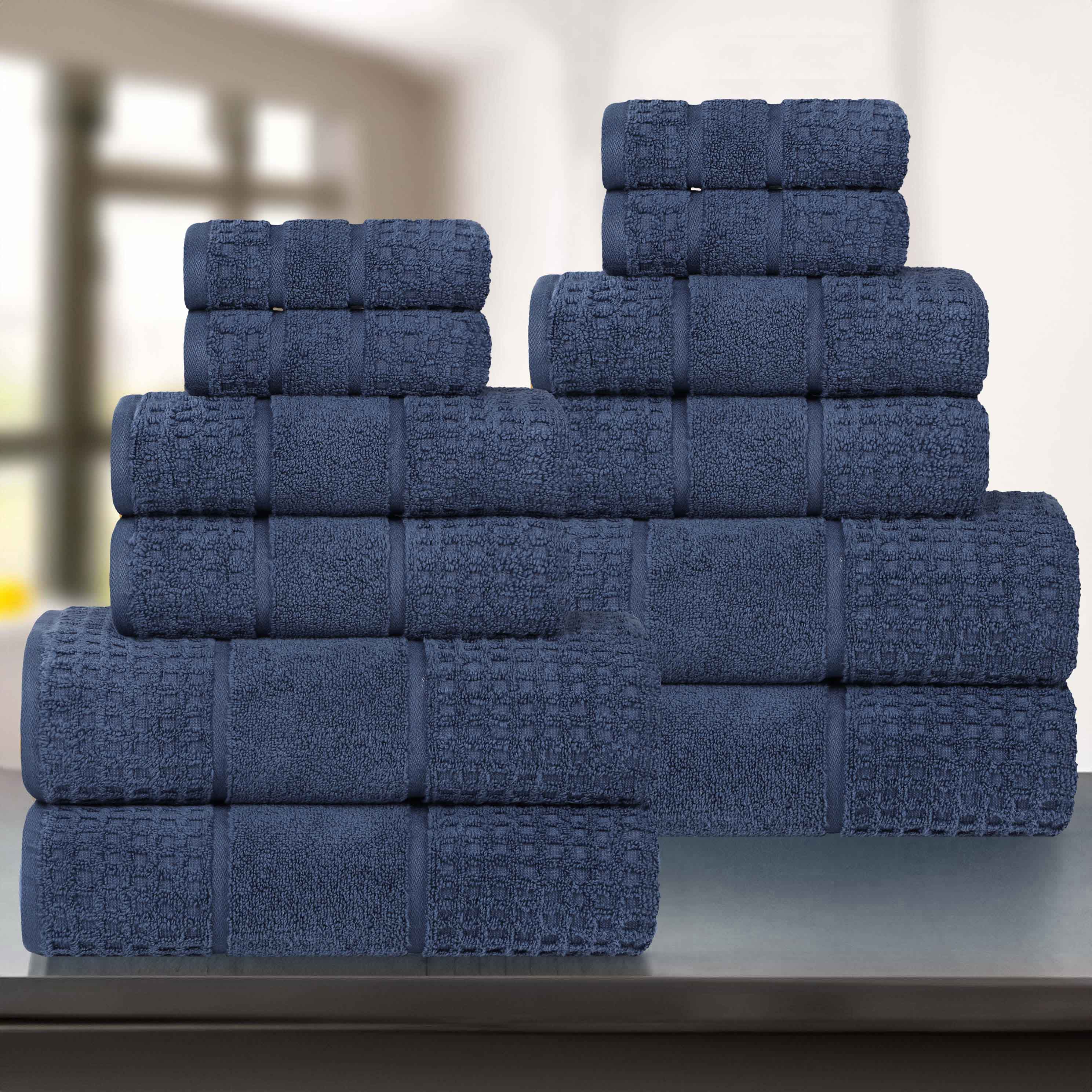 Zero Twist Cotton Waffle Honeycomb Soft Absorbent 12-Piece Towel Set - Blue Nile Mills