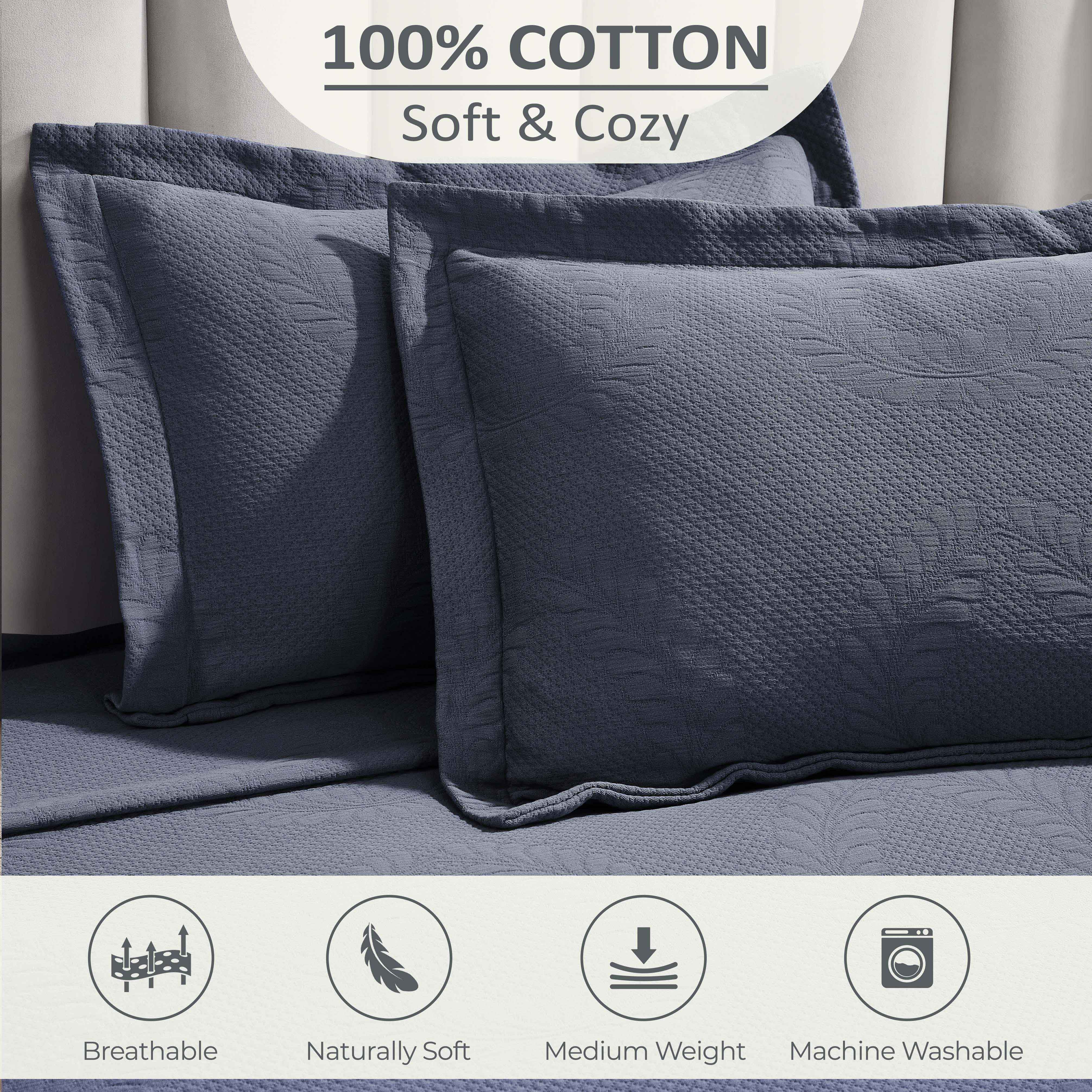 Peploi Cotton Medium Weight Matelasse Bedspread and Sham Set - Blue Nile Mills