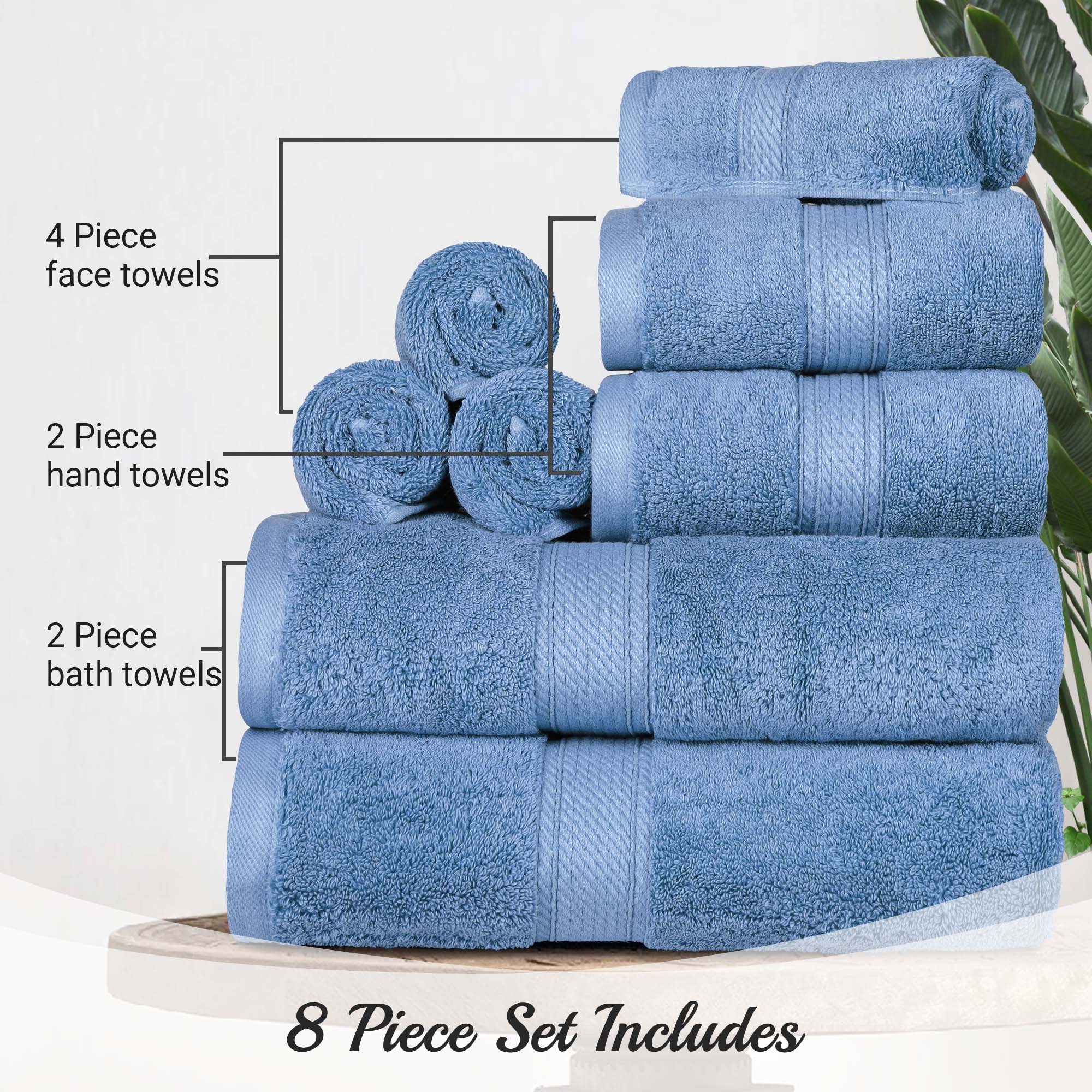 Egyptian Cotton Pile Plush Heavyweight Luxury Soft 8-Piece Towel Set - Blue Nile Mills