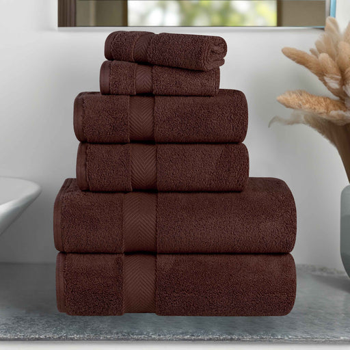 Wringcaster Zero-Twist Towel Set, 100% Combed Cotton, Chevron Border, 575 GSM, Quick-Dry, 6-Pieces - Espresso