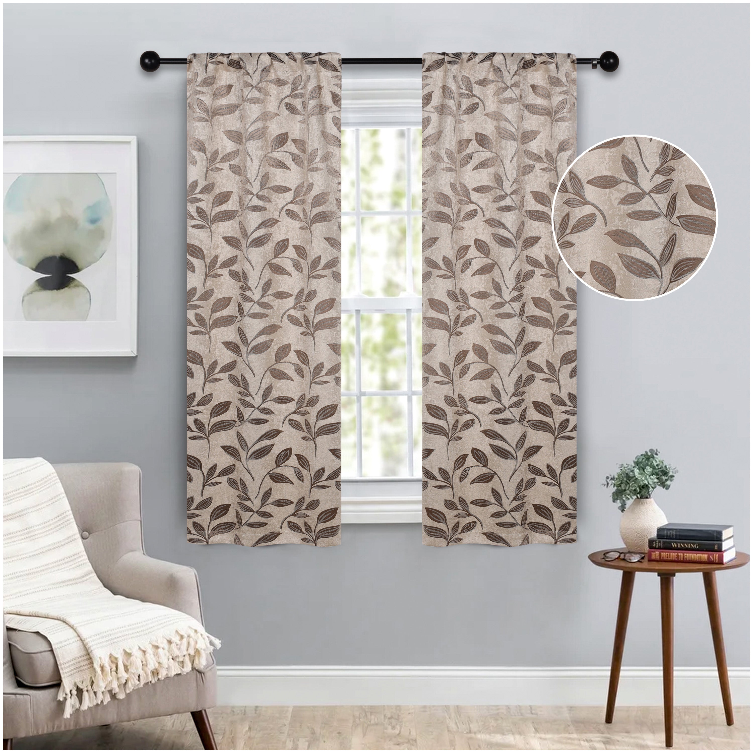 Leaves Rod Pocket Room Darkening Blackout Curtains, Set of 2 - Blue Nile Mills