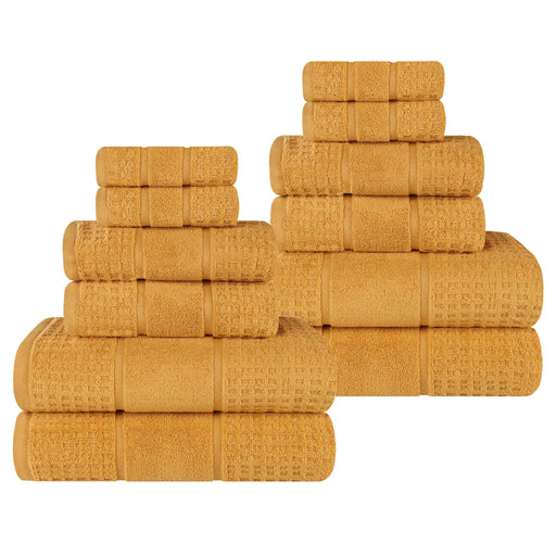 Zero Twist Cotton Waffle Honeycomb Plush Soft Absorbent 12-Piece Towel Set - Gold