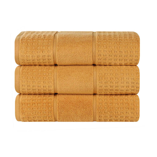 Zero Twist Cotton Waffle Honeycomb Plush Soft Absorbent Bath Towel Set of 3 - Gold