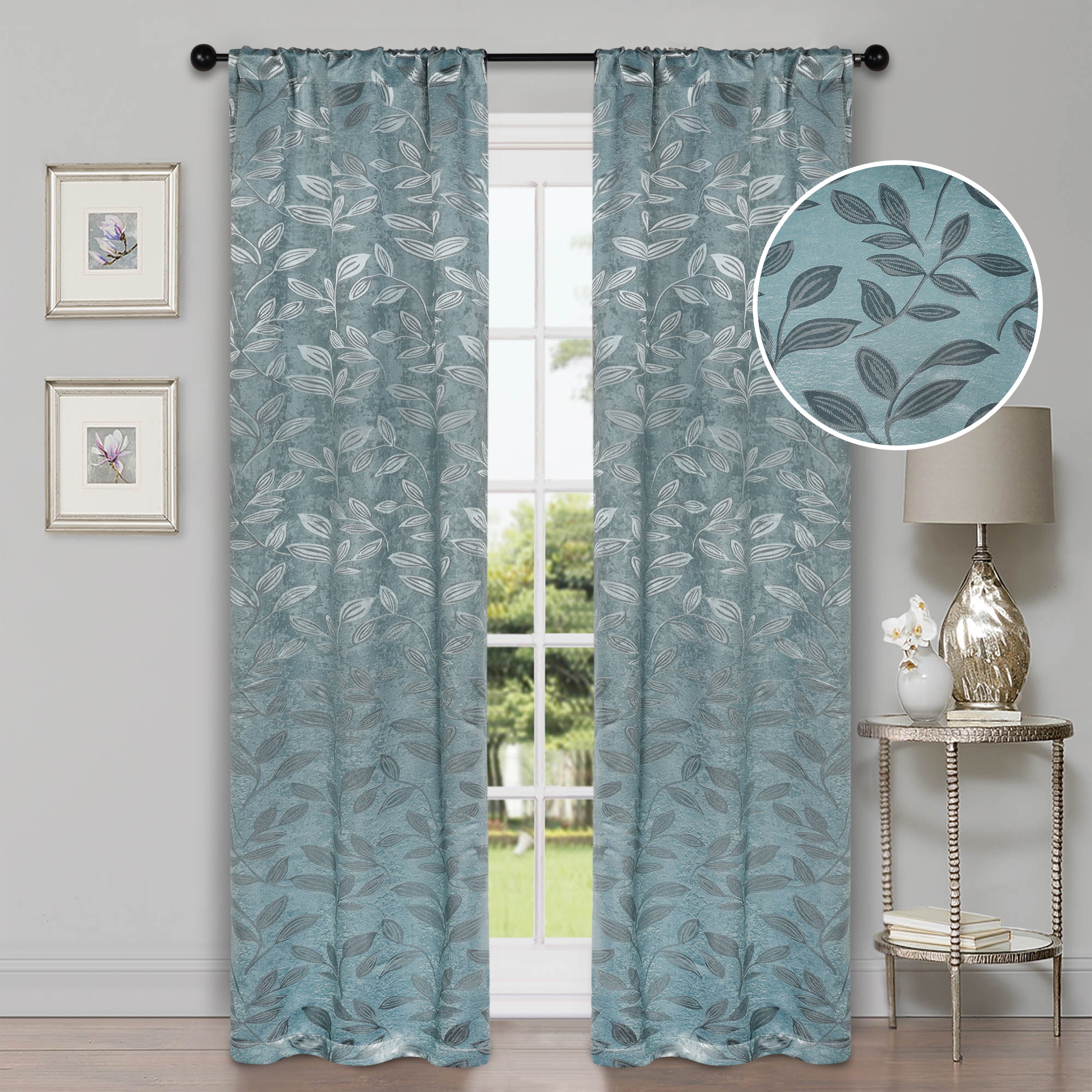 Leaves Rod Pocket Room Darkening Blackout Curtains, Set of 2 - Blue Nile Mills