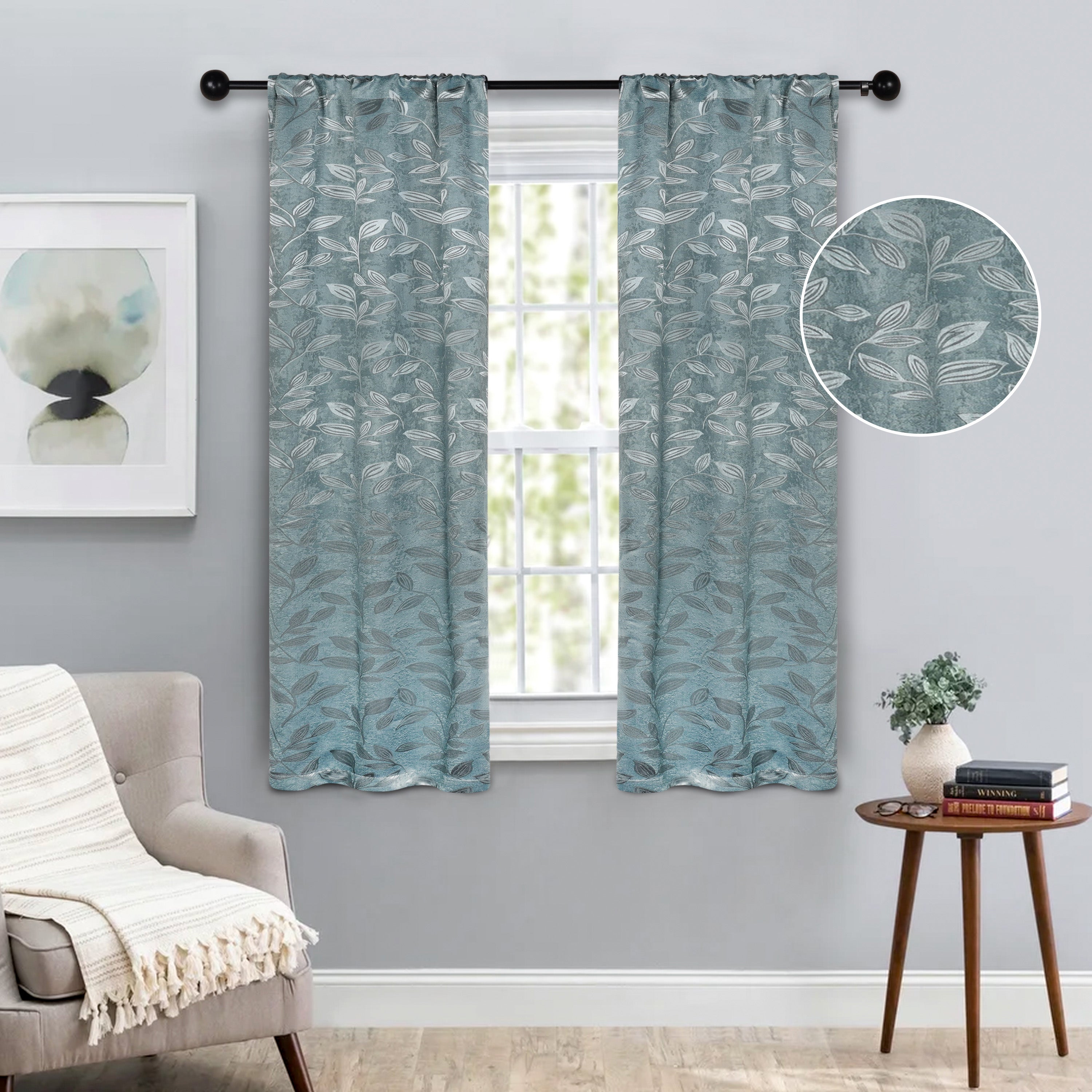 Leaves Rod Pocket Room Darkening Blackout Curtains, Set of 2 - Blue Nile Mills