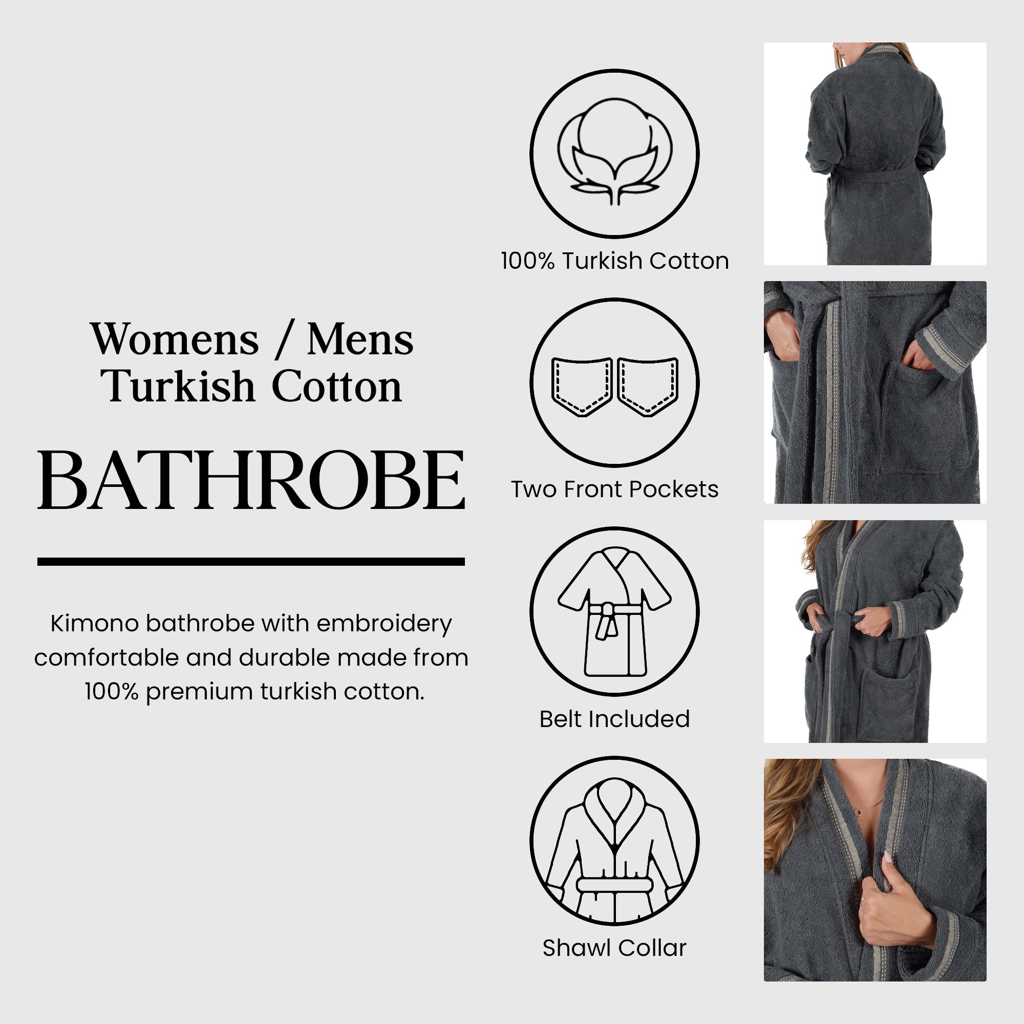 Tinsel Unisex Cotton Terry Kimono Bathrobe with Embroidery - Blue Nile Mills