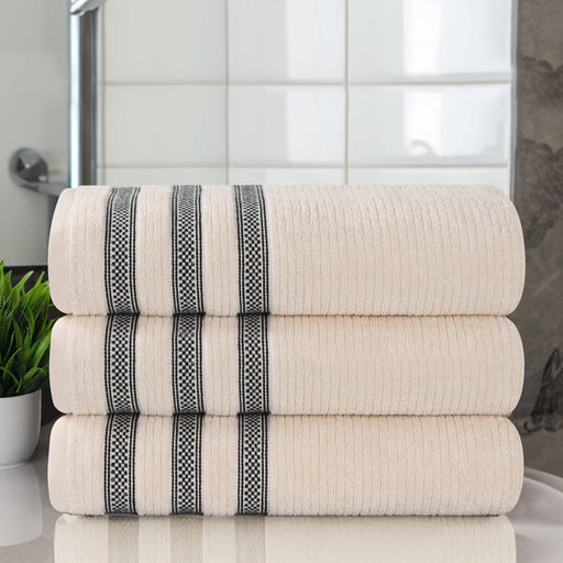 Zero Twist Cotton Ribbed Geometric Border Plush Bath Towel Set of 3 - Ivory
