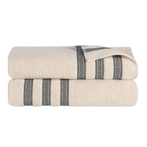Zero Twist Cotton Ribbed Geometric Border Plush Bath Sheet Set of 2 - Ivory