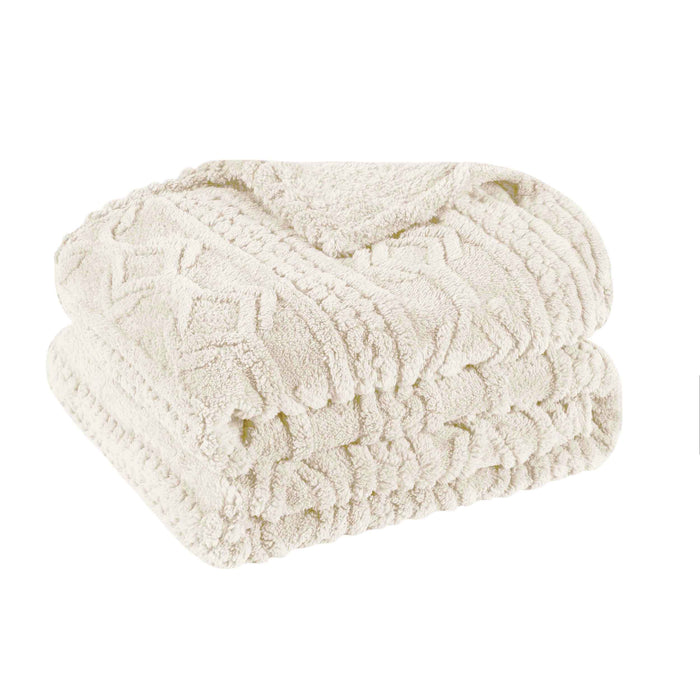 Boho Knit Jacquard Fleece Plush Fluffy Blanket - Ivory