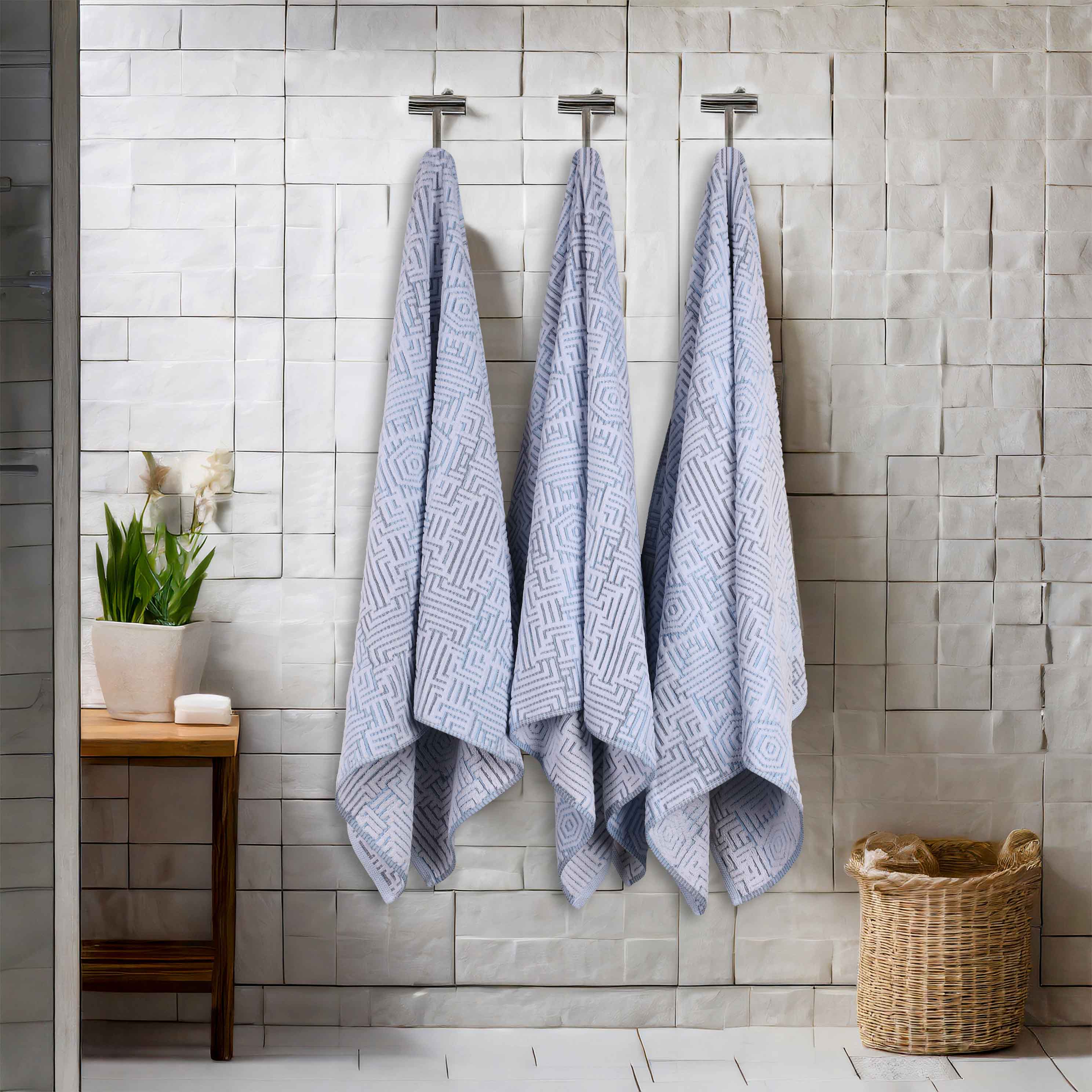 Cotton Modern Geometric Jacquard Plush Absorbent Bath Towel Set of 3 - Blue Nile Mills