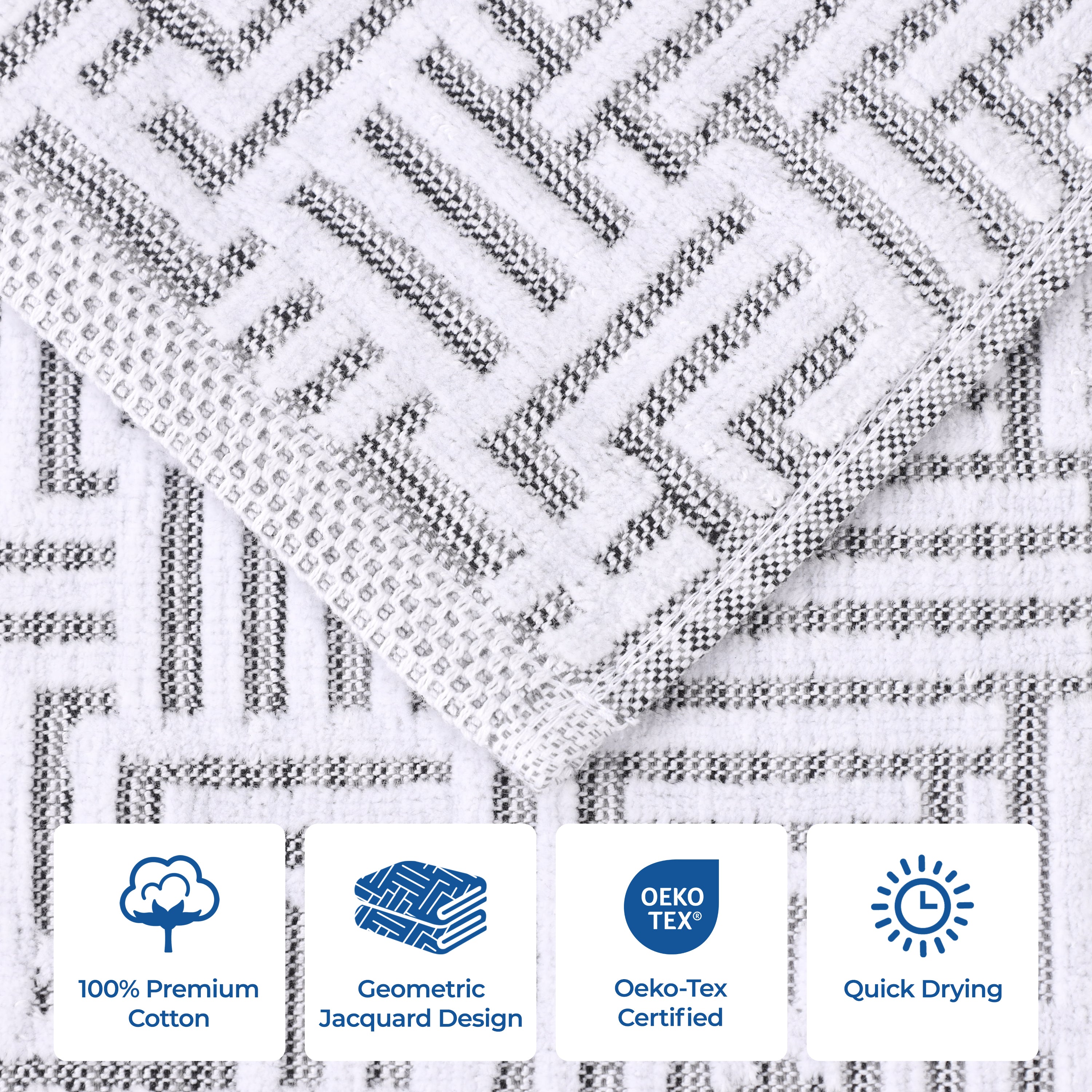 Cotton Modern Geometric Jacquard Plush Absorbent Bath Towel Set of 3 - Blue Nile Mills