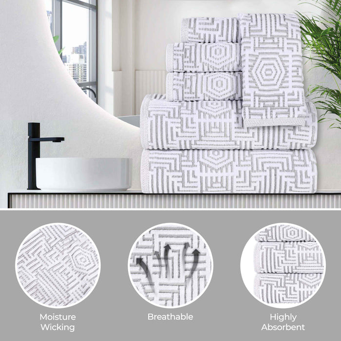 Cotton Modern Geometric Jacquard Plush Absorbent 8 Piece Towel Set - Platinum