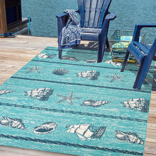 Kalihiwai Nautical Coastal Indoor/ Outdoor Area Rug or Runner - Blue-Green/Cream