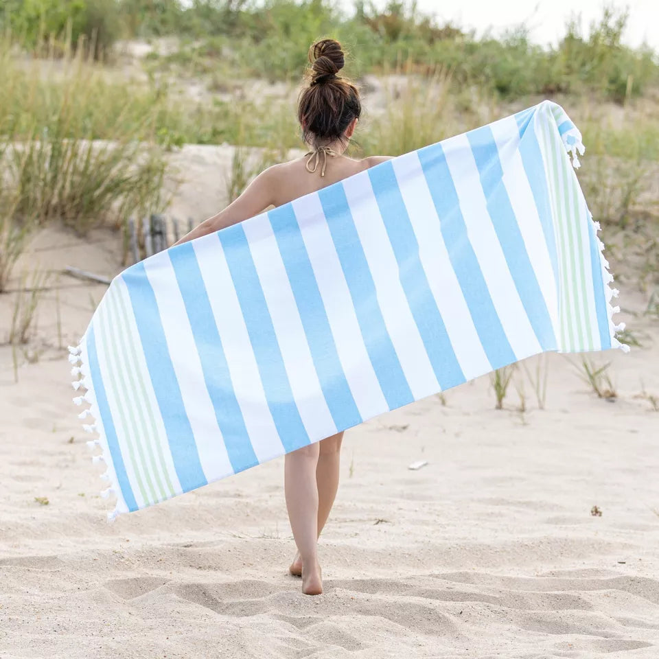 Coastal Resort Stripe Fouta 2 Piece Beach Towel with Tassels - Blue Nile Mills