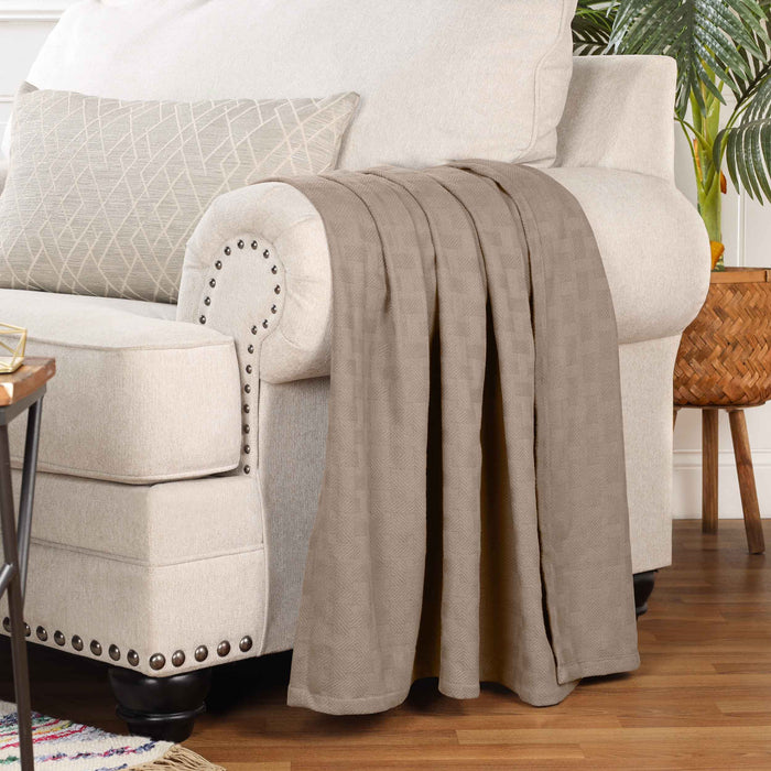 Basketweave All Season Cotton Bed Blanket & Sofa Throw - Khaki