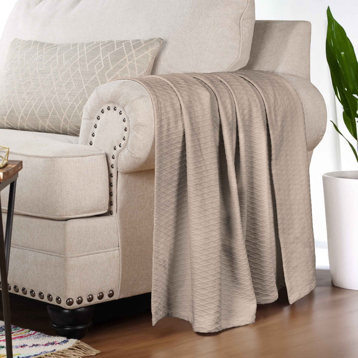 Cotton All Season Diamond Bed Blanket & Sofa Throw - Khaki
