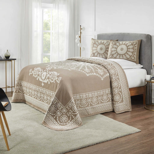 Traditional Medallion Cotton Blend Woven Jacquard Bedspread Set - Taupe