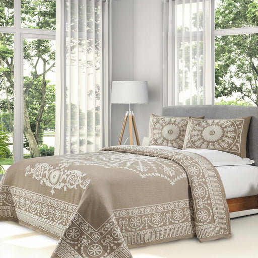 Traditional Medallion Cotton Blend Woven Jacquard Bedspread Set - Taupe