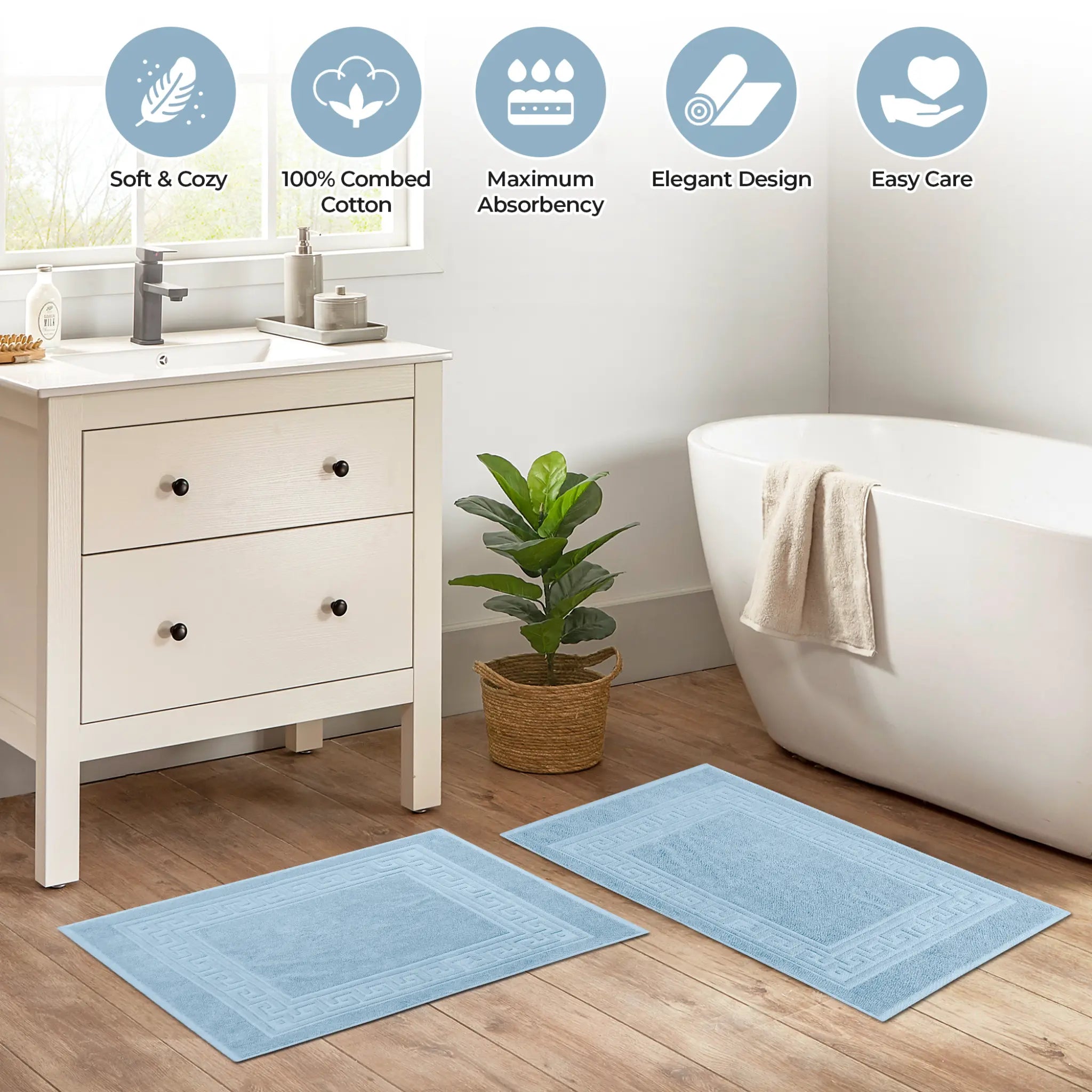 Cotton 2 Piece Greek Key Border Super Absorbent Bath Mat Set - Blue Nile Mills