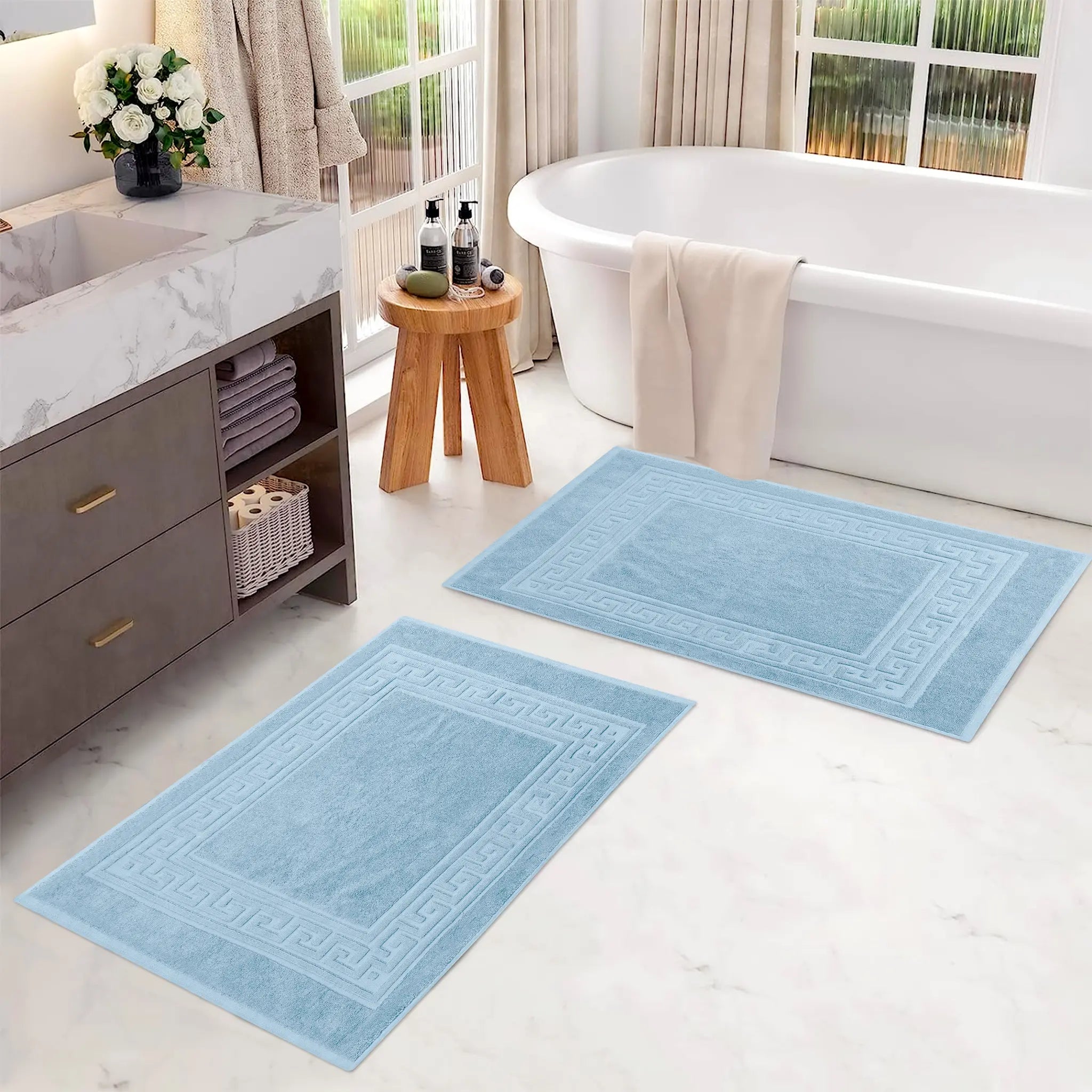 Cotton 2 Piece Greek Key Border Super Absorbent Bath Mat Set - Blue Nile Mills