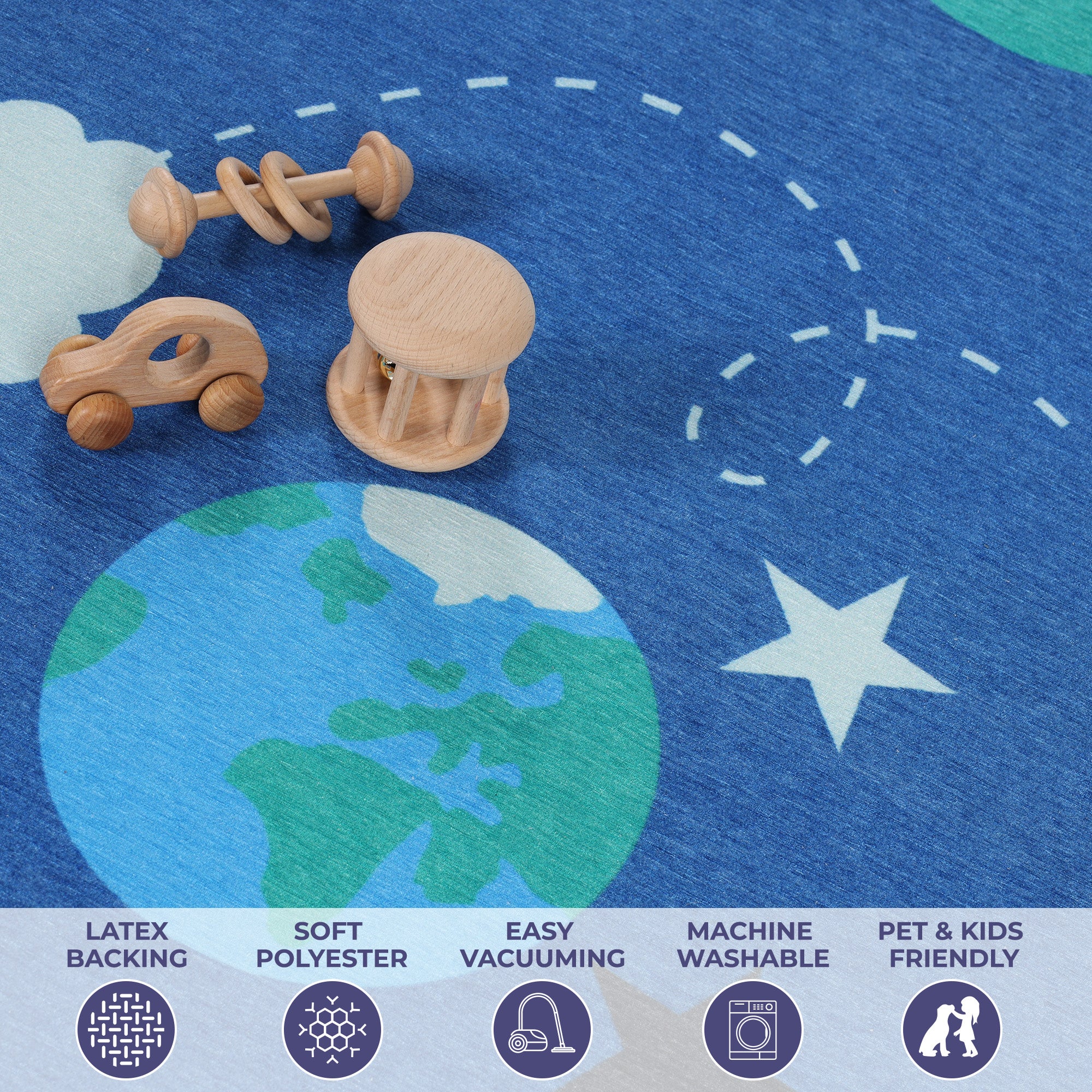 Lil' Flyer Spaceship Non-Slip Kids Playroom Washable Indoor Area Rug - Blue Nile Mills