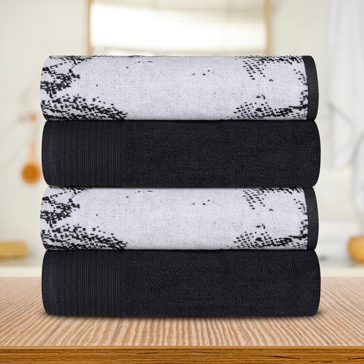 Cotton Assorted Solid and Marble Effect 4 Piece Bath Towel Set - Black
