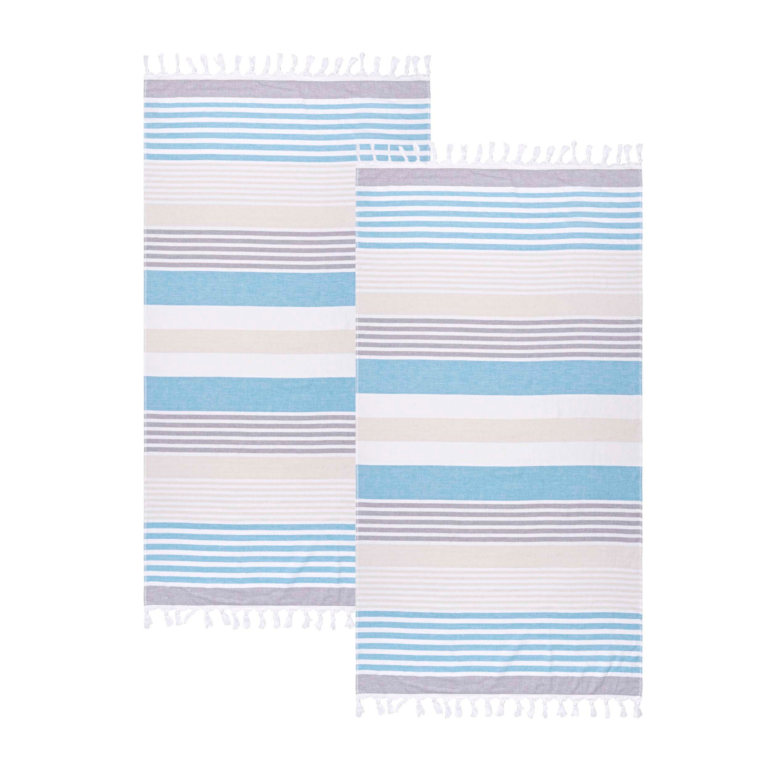 Meera Stripe Fouta 2 Piece Beach Towel Set with Tassels - Blue Nile Mills