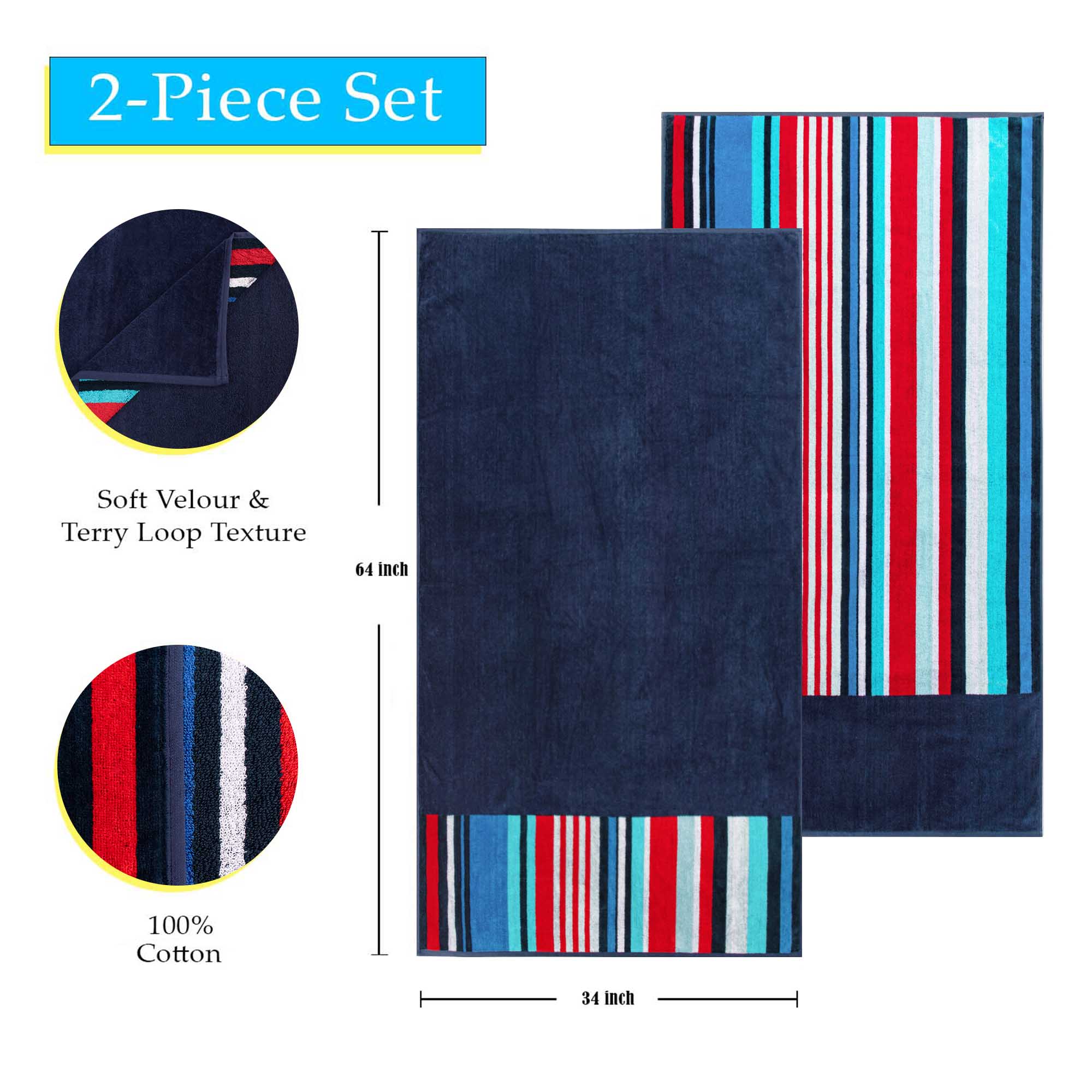 Nautical Stripe Egyptian Cotton 2 Piece Beach Towel Set - Blue Nile Mills