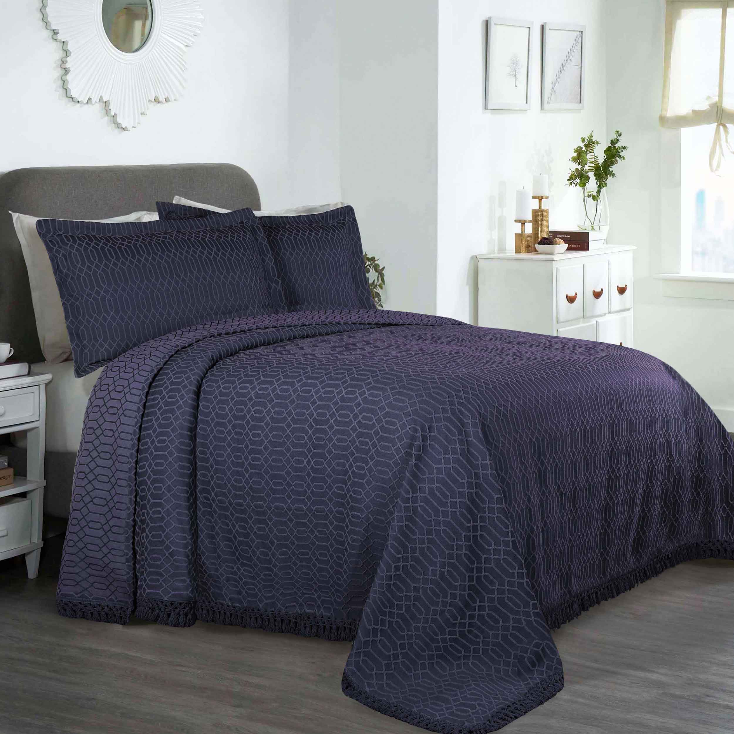 Remi Cotton Blend Jacquard Woven Geometric Fringe Bedspread Set - Blue Nile Mills