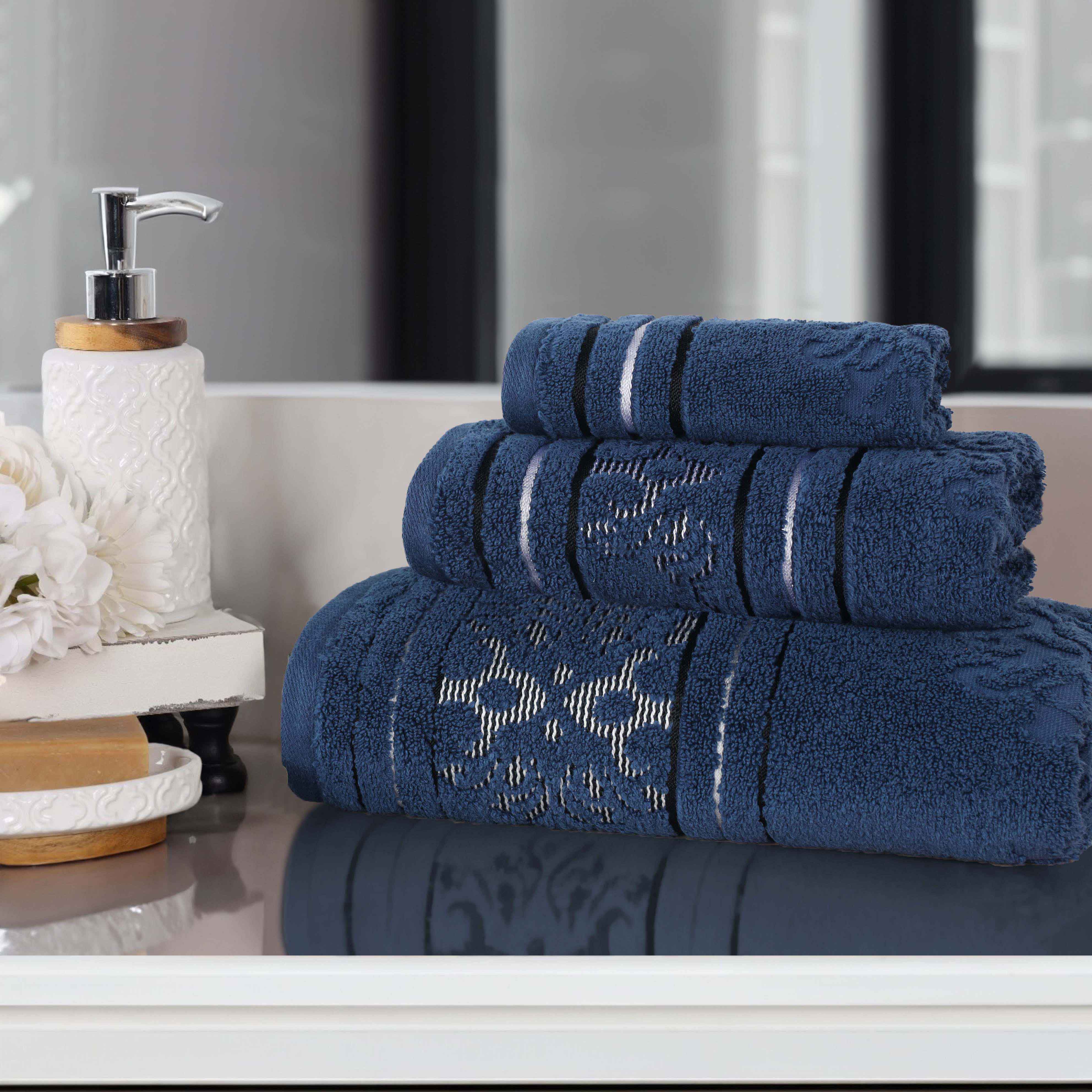 Sadie Zero Twist Cotton Elegant Floral 3 Piece Jacquard Towel Set - Blue Nile Mills