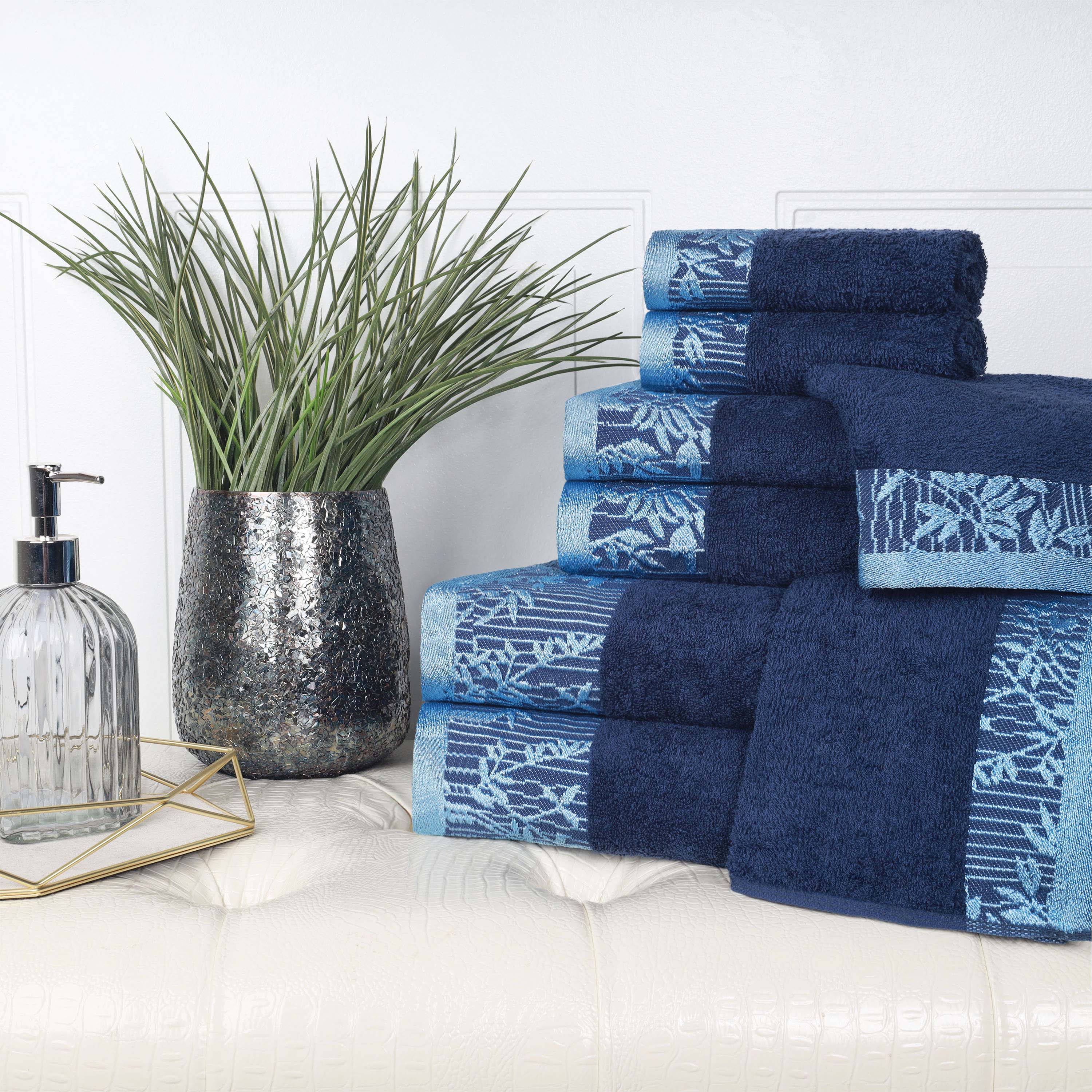 Wisteria Cotton Floral Embroidered Jacquard Border 8-Piece Towel Set - Blue Nile Mills