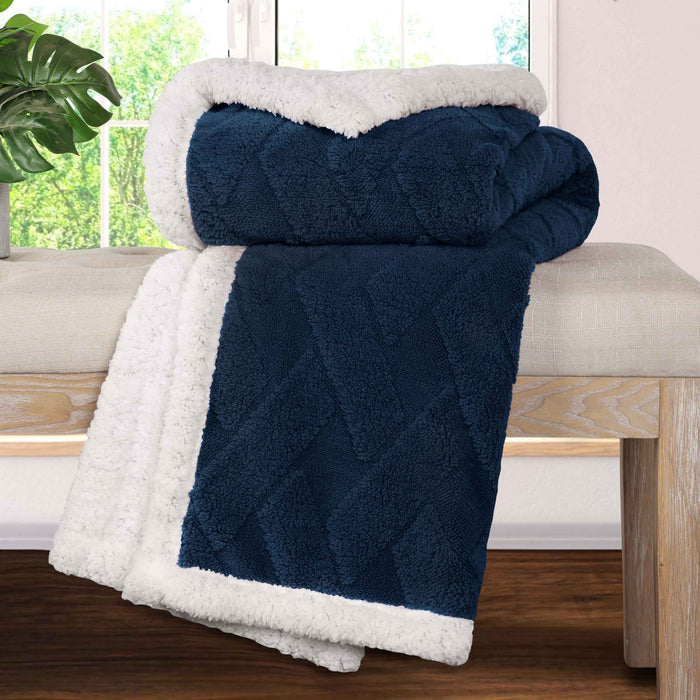 Reversible Jacquard Lattice Fleece Plush Sherpa Blanket - Navy Blue