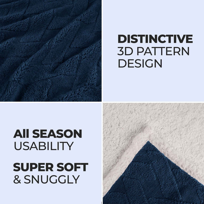 Reversible Jacquard Lattice Fleece Plush Sherpa Blanket - Navy Blue