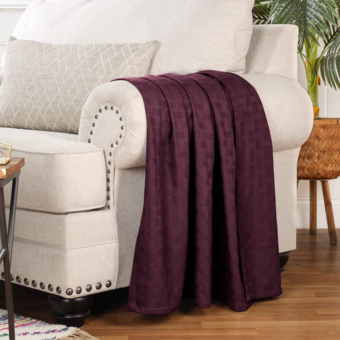 Basketweave All Season Cotton Bed Blanket & Sofa Throw - Plum