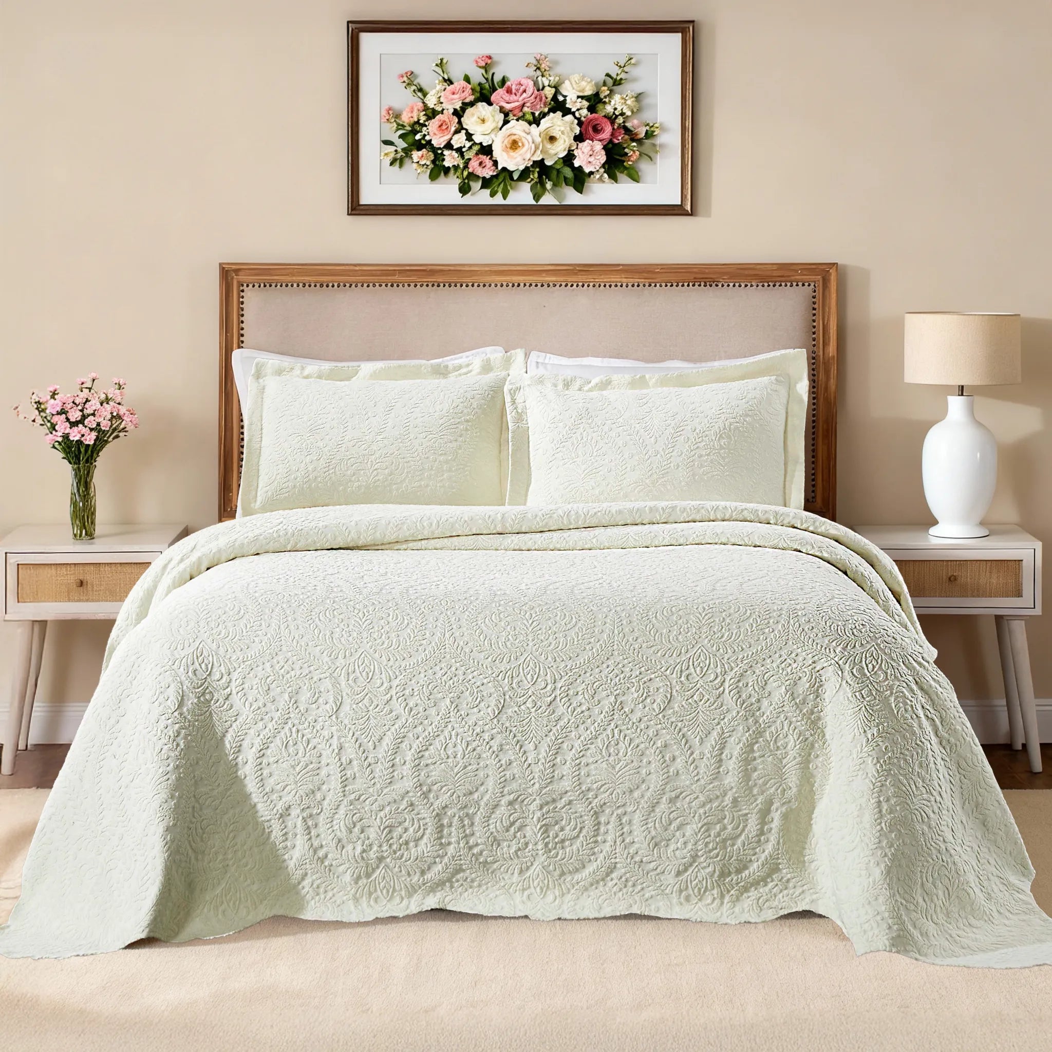 Aspen Cotton Blend Jacquard Woven Floral Scalloped Edges Bedspread Set