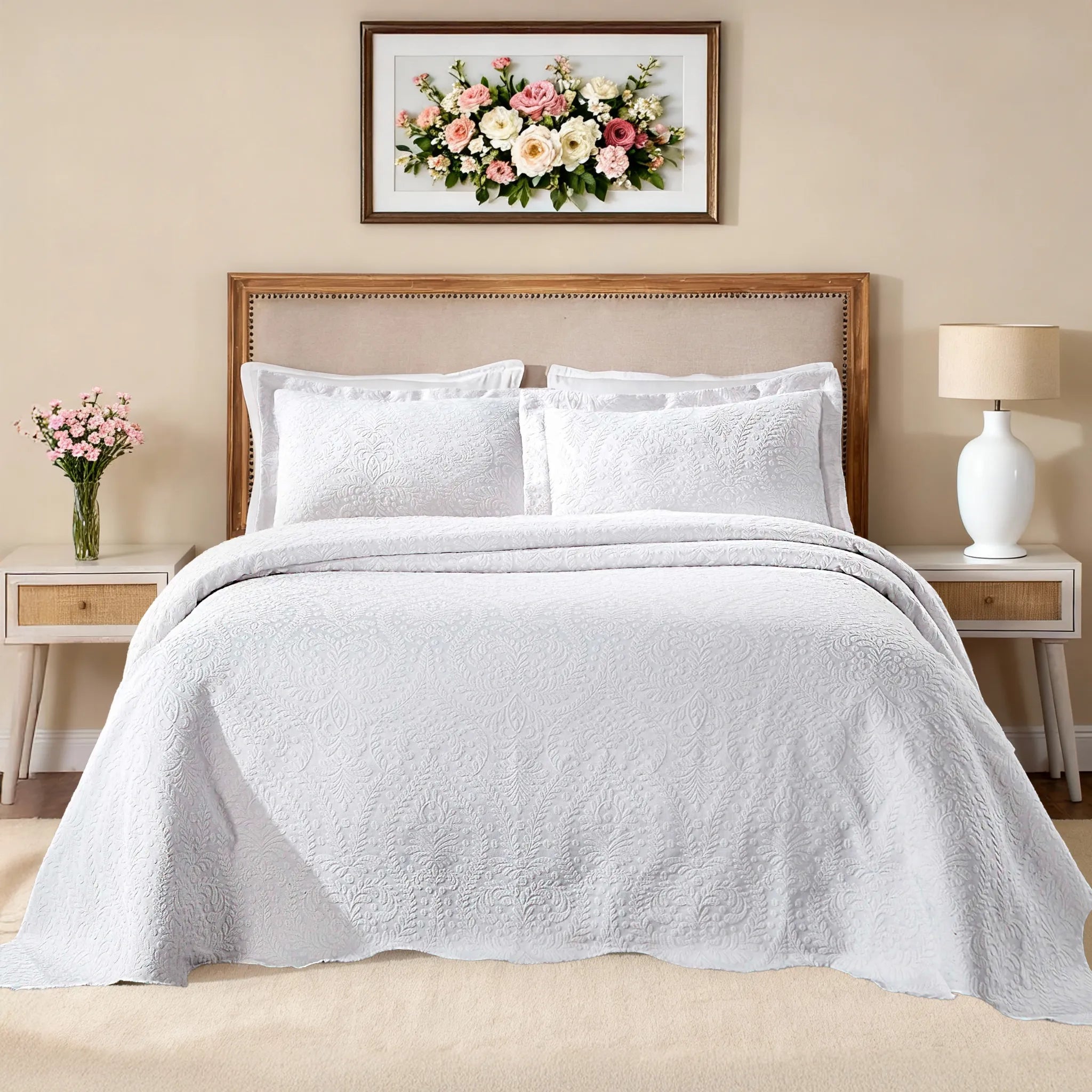Aspen Cotton Blend Jacquard Woven Floral Scalloped Edges Bedspread Set