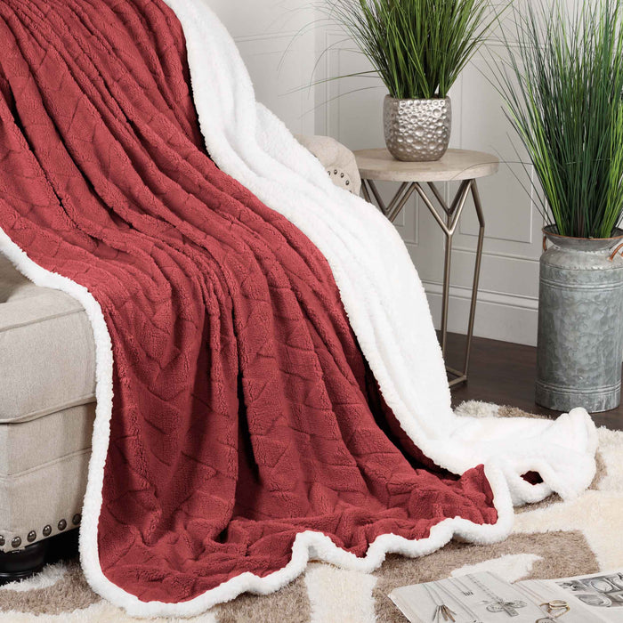 Reversible Jacquard Lattice Fleece Plush Sherpa Blanket - Red