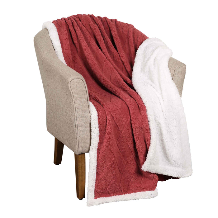 Reversible Jacquard Lattice Fleece Plush Sherpa Blanket - Red