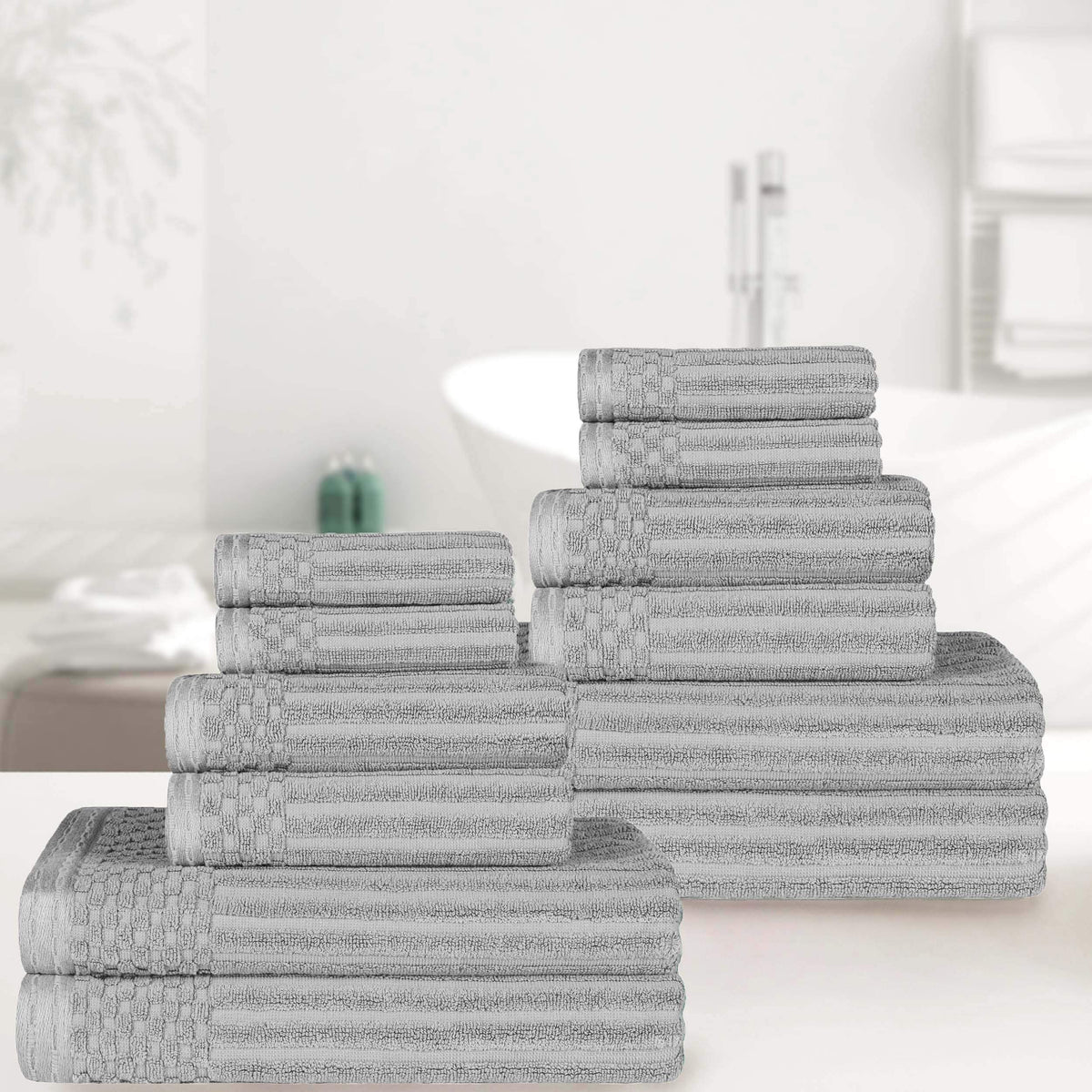 Ribbed Textured Cotton Medium Weight 12 Piece Towel Set - Blue Nile Mills