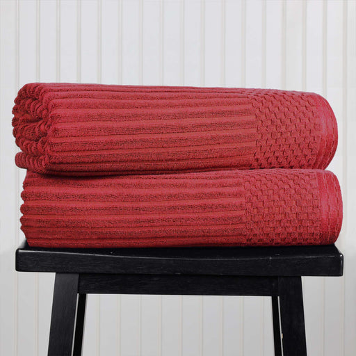 Cotton Ribbed Textured Super Absorbent 2 Piece Bath Sheet Towel Set - Burgundy